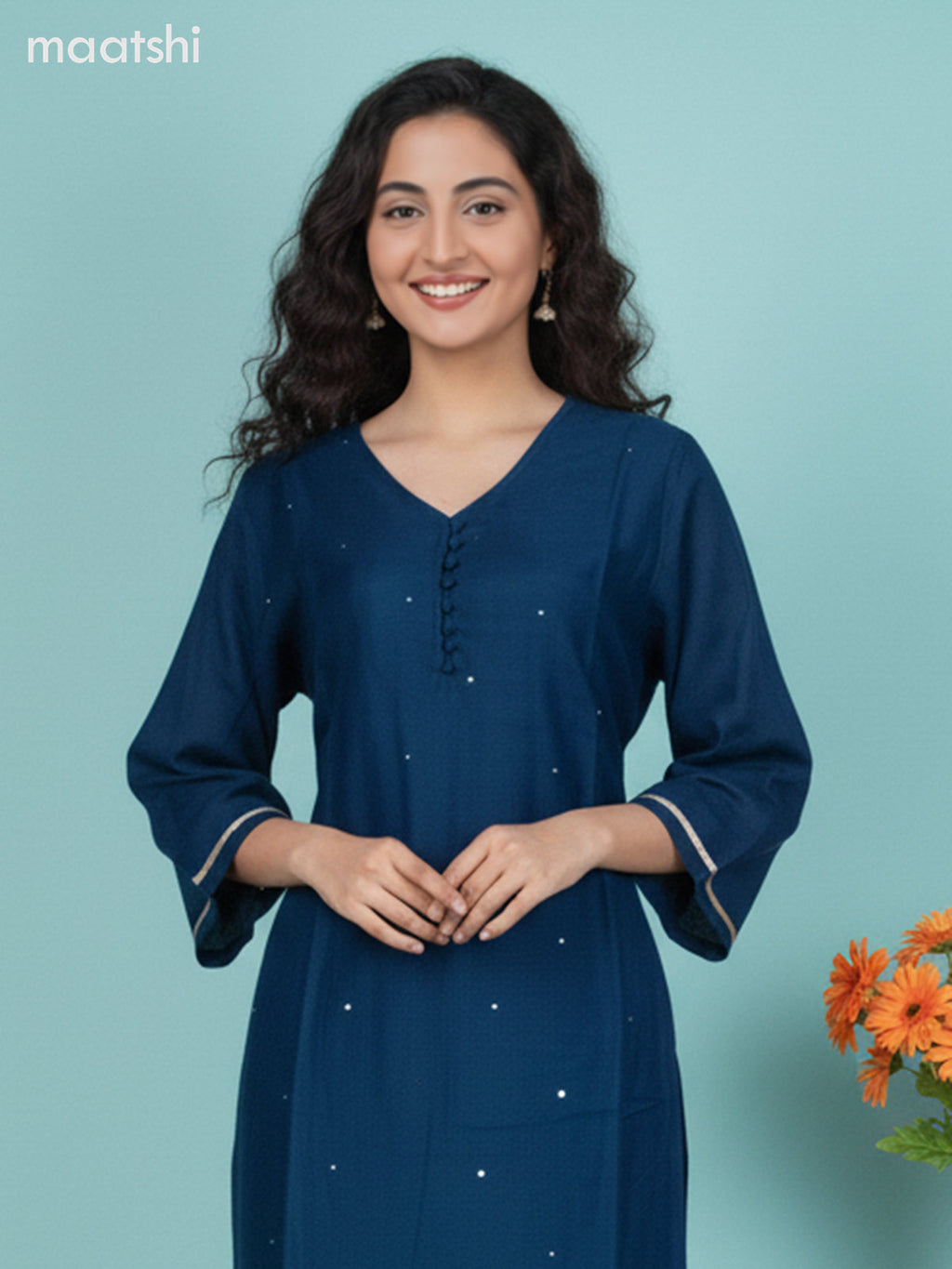 Peacock Blue and Beige Chanderi Mirror Work Straight Suit