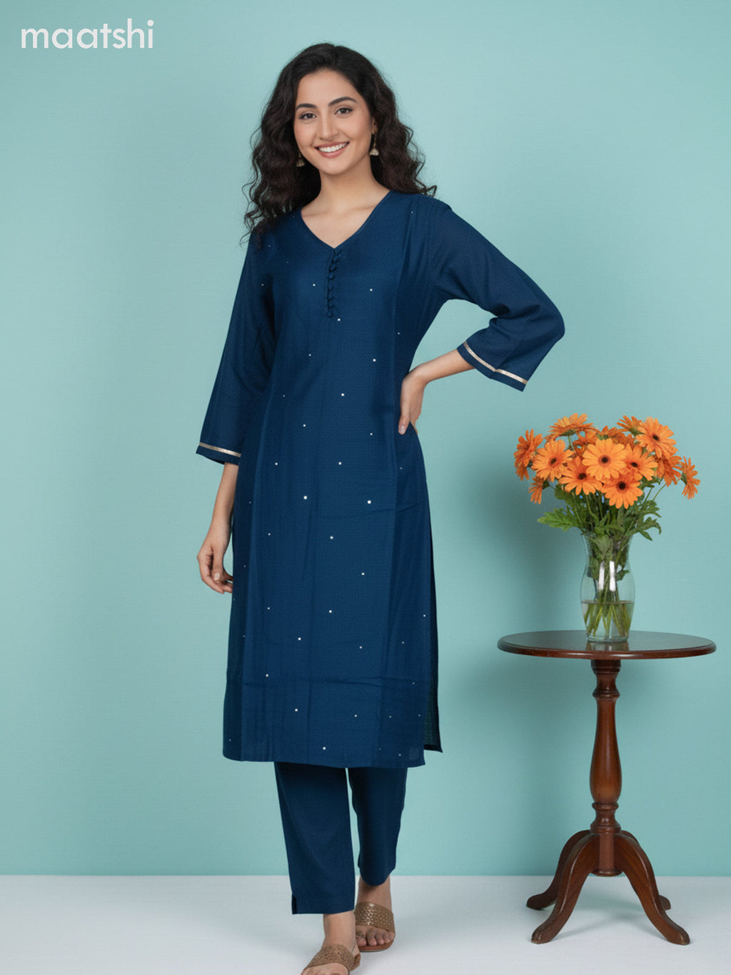 Peacock Blue and Beige Chanderi Mirror Work Straight Suit