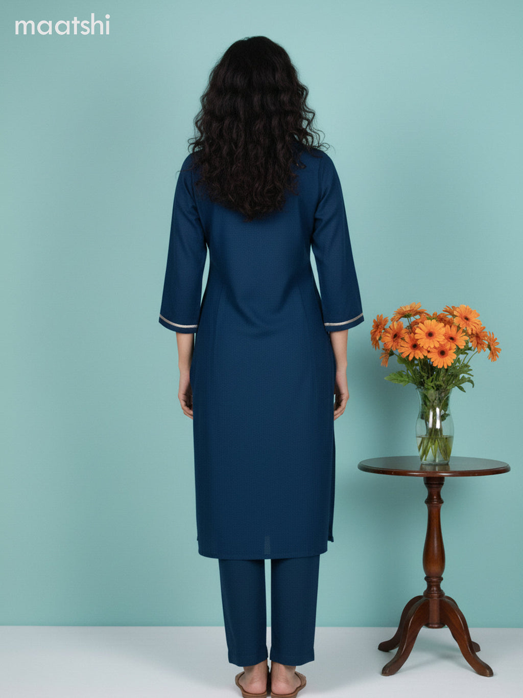 Peacock Blue and Beige Chanderi Mirror Work Straight Suit