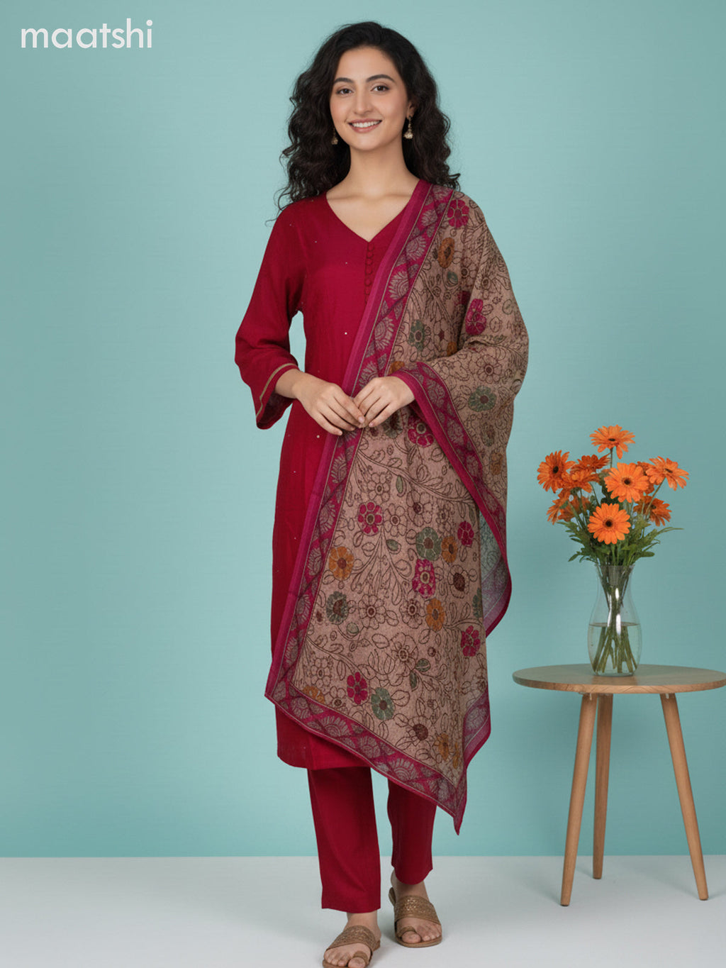 Pink and Beige Chanderi Mirror Work Straight Suit