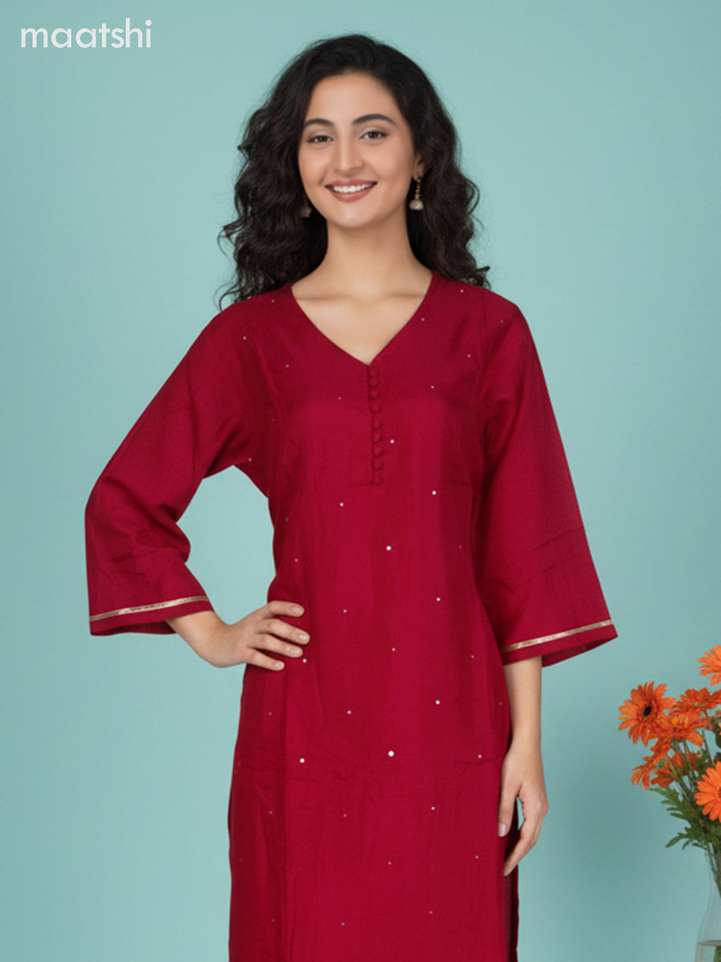 Pink and Beige Chanderi Mirror Work Straight Suit