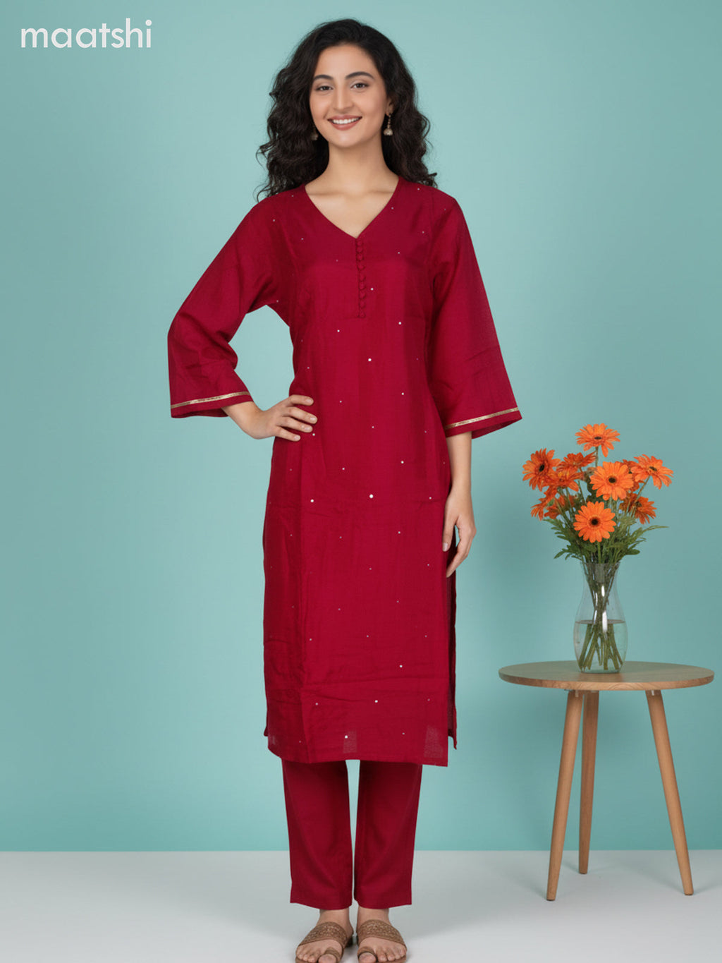 Pink and Beige Chanderi Mirror Work Straight Suit