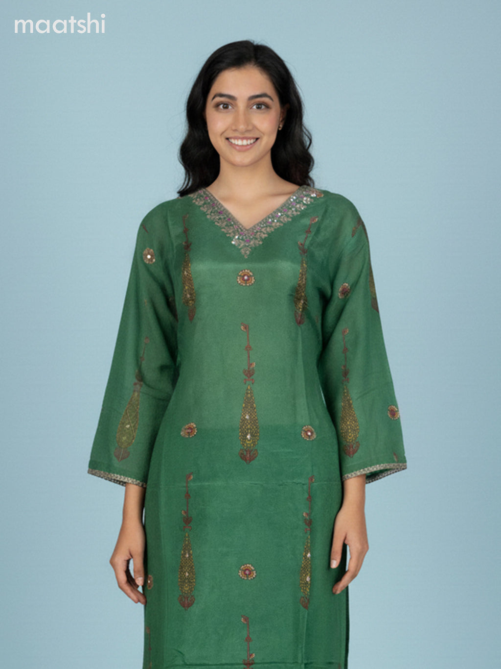 Green Muslin Printed Straight Suit