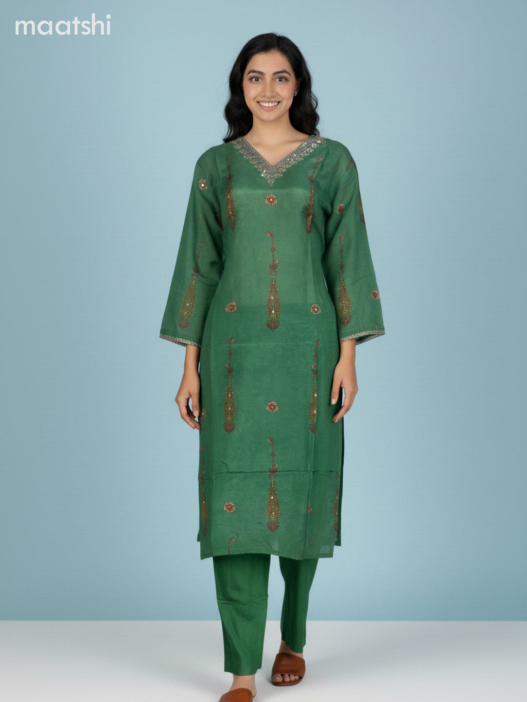Green Muslin Printed Straight Suit