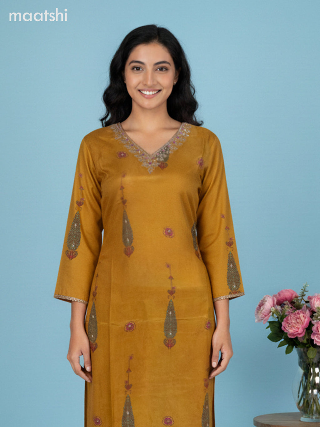 Mustard Yellow Muslin Printed Straight Suit