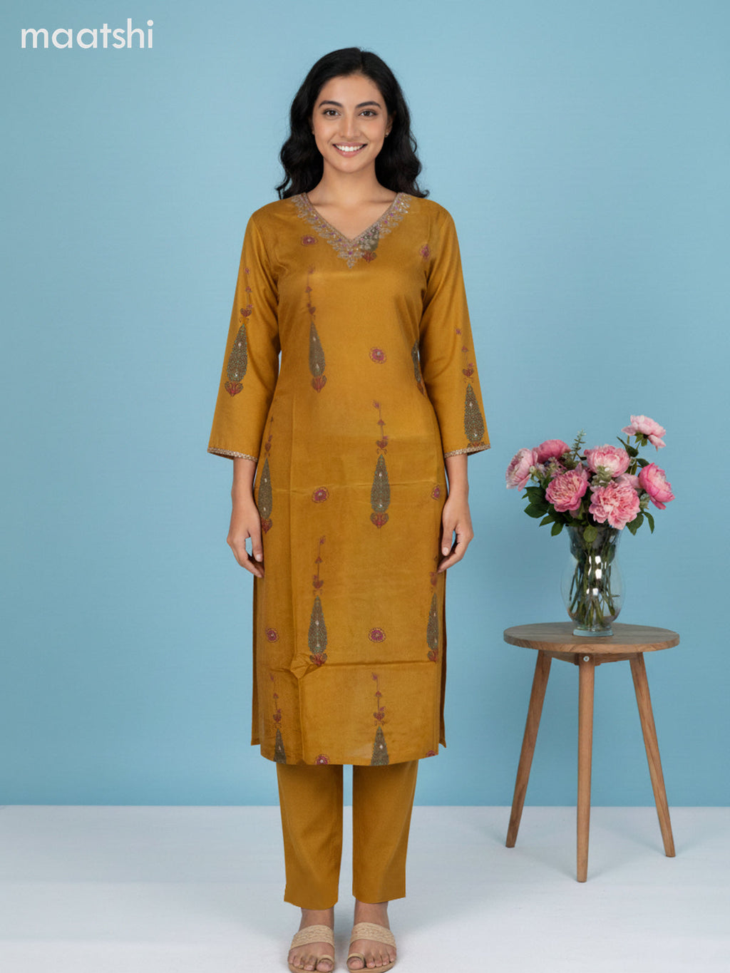 Mustard Yellow Muslin Printed Straight Suit