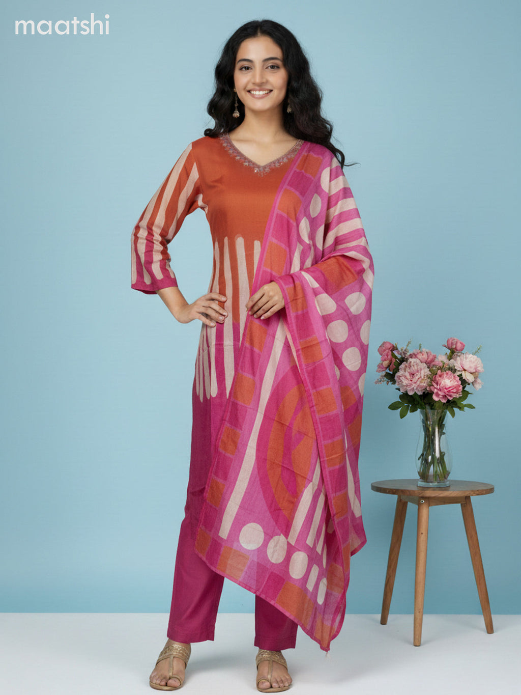 Orange and Pink Muslin Printed Straight Suit