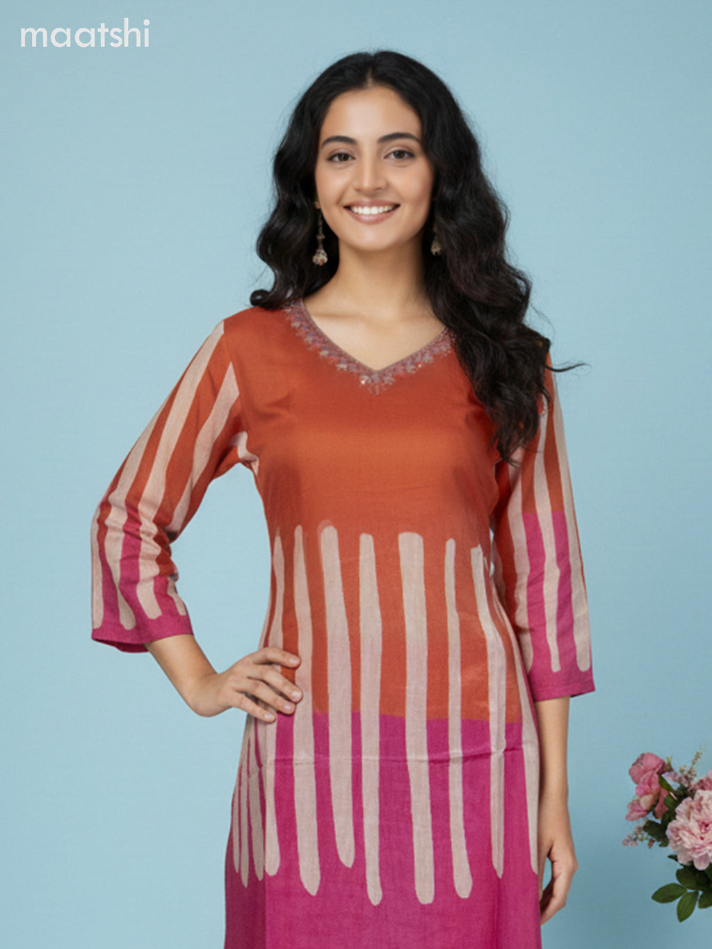 Orange and Pink Muslin Printed Straight Suit