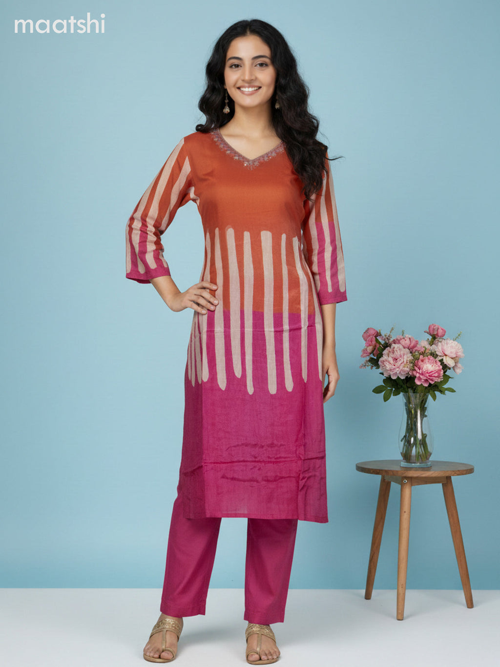 Orange and Pink Muslin Printed Straight Suit