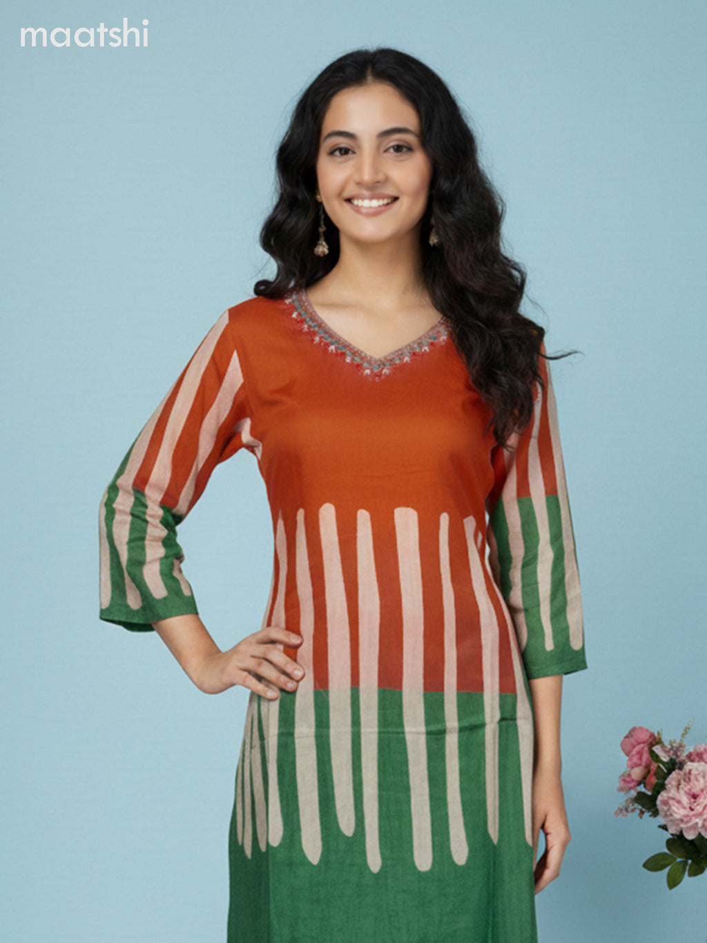 Orange and Green Muslin Printed Straight Suit