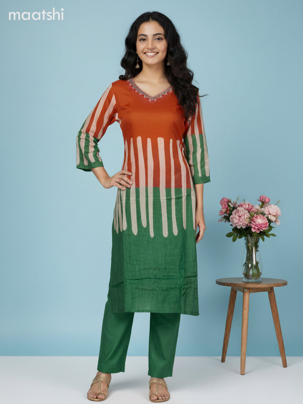 Orange and Green Muslin Printed Straight Suit