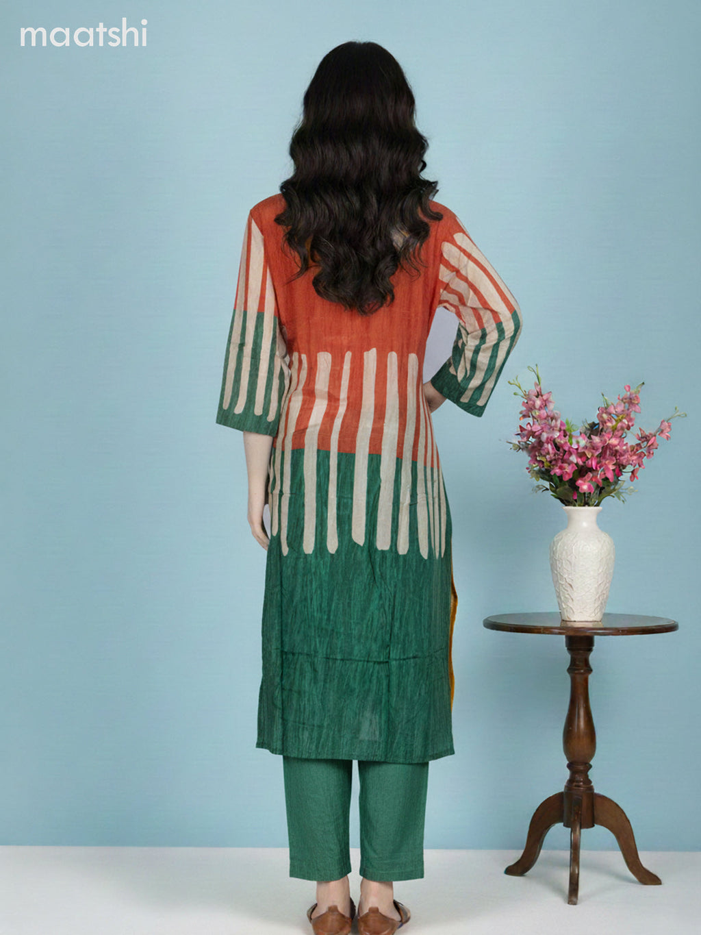 Orange and Green Muslin Printed Straight Suit