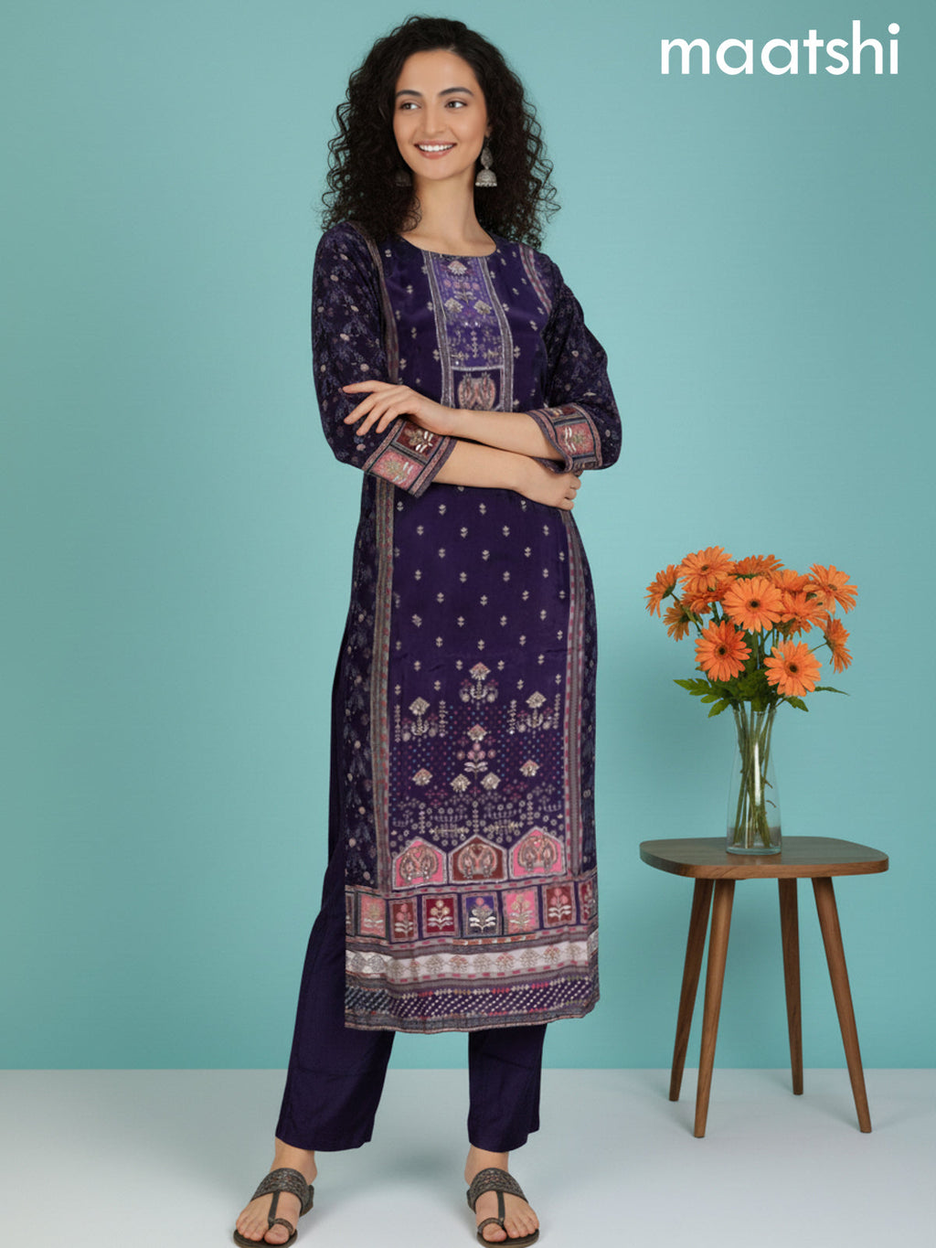Deep Purple Crepe Silk Printed Straight Suit Set
