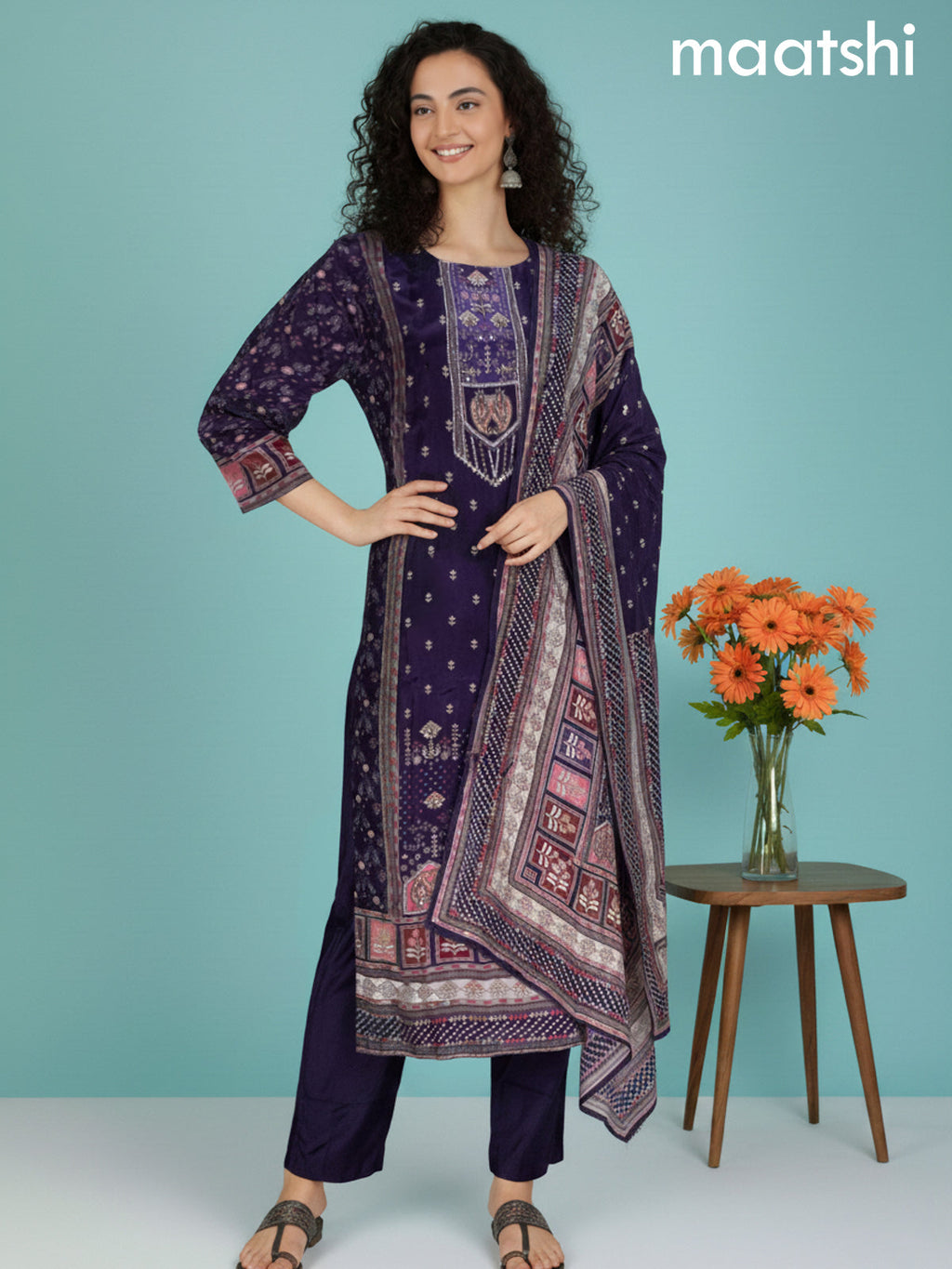 Deep Purple Crepe Silk Printed Straight Suit Set