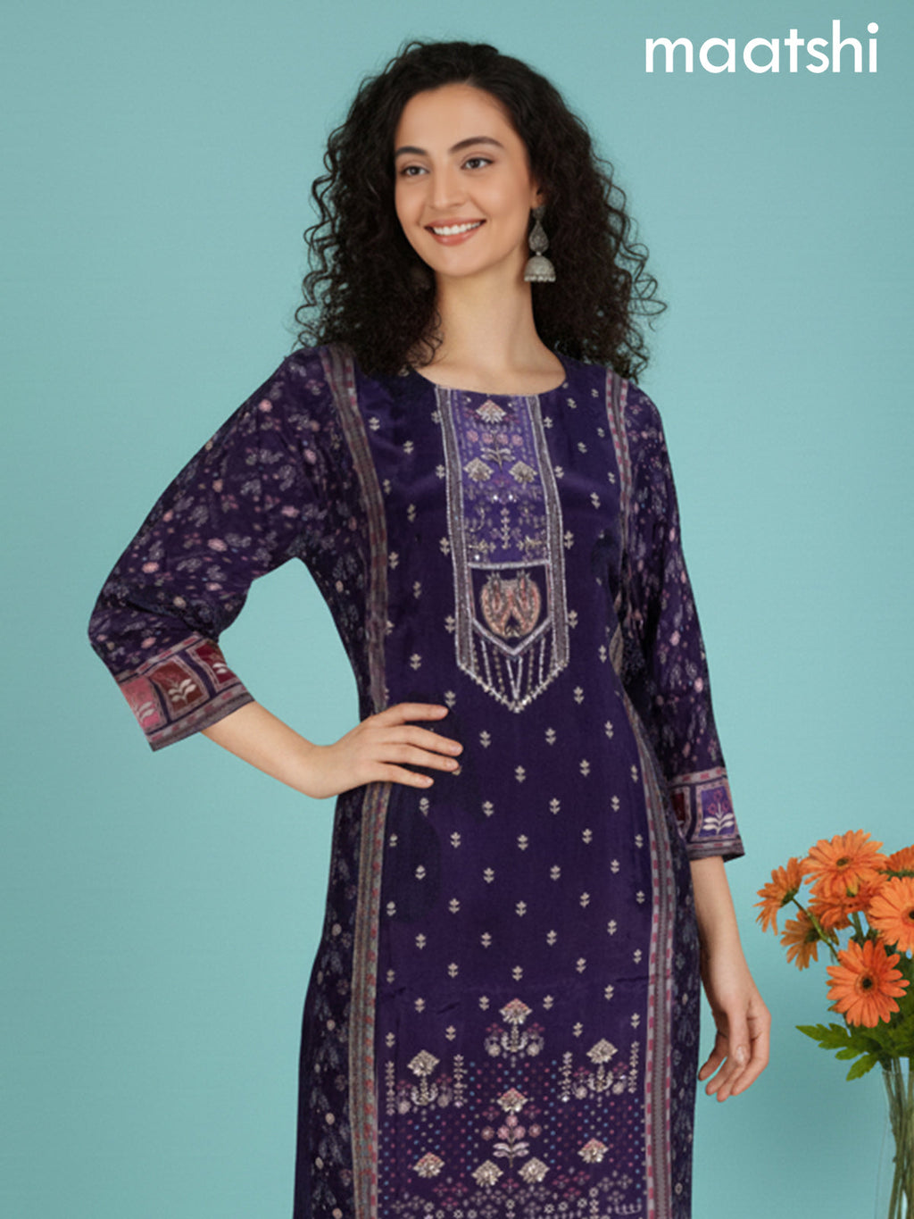 Deep Purple Crepe Silk Printed Straight Suit Set