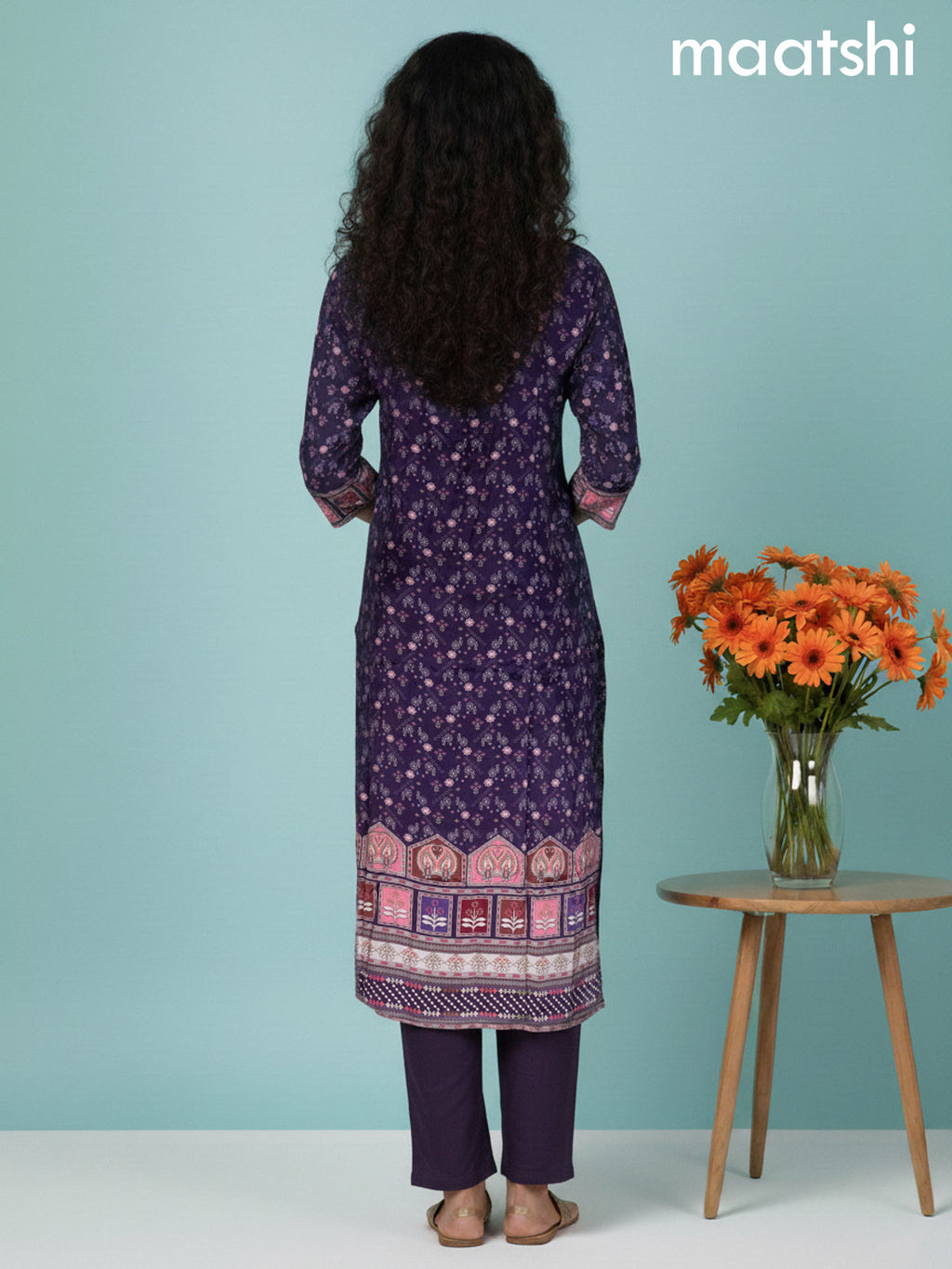 Deep Purple Crepe Silk Printed Straight Suit Set