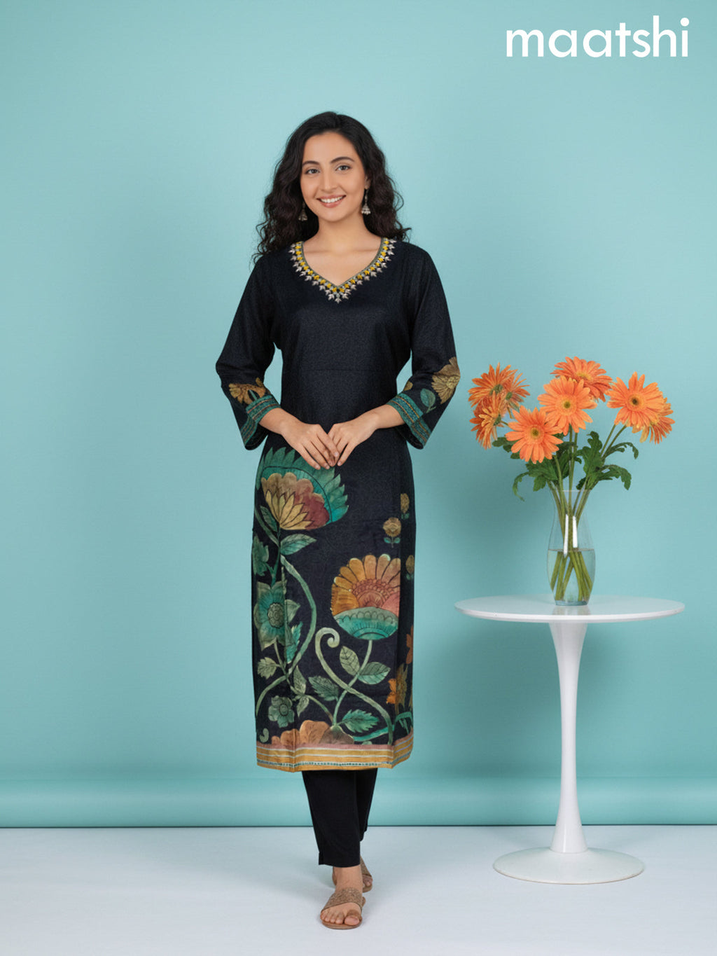 Black and Green Shade Dola Silk Printed Straight Suit Set