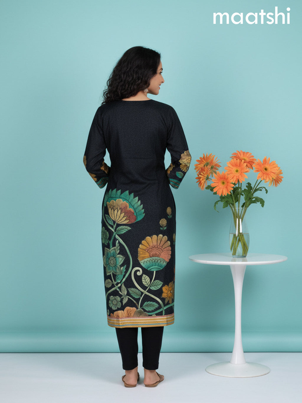Black and Green Shade Dola Silk Printed Straight Suit Set
