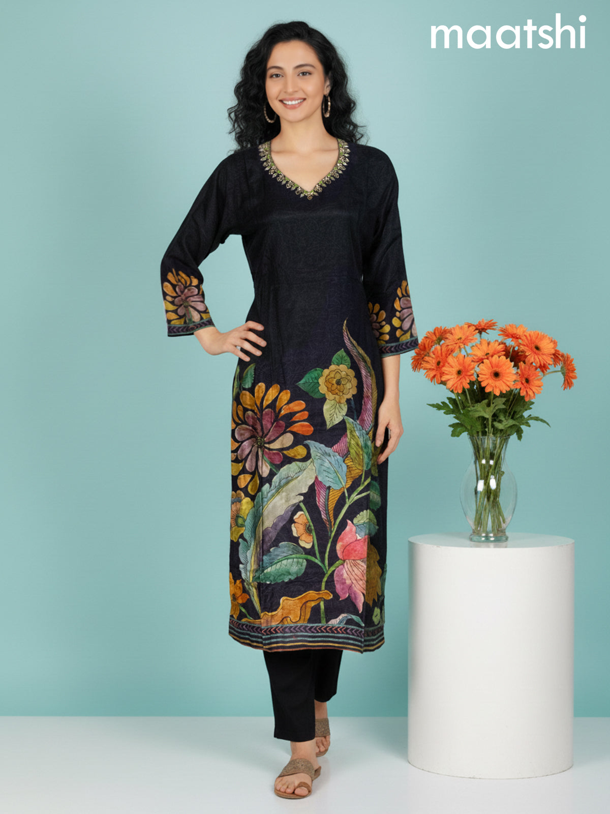 Black Dola Silk Printed Straight Suit Set