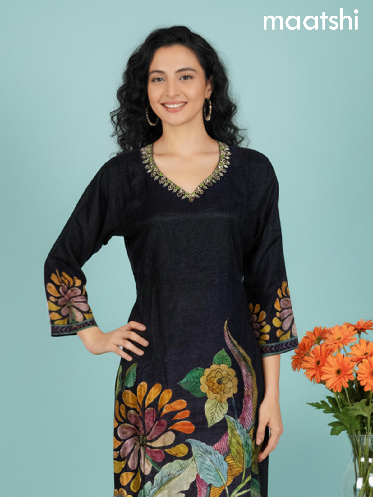 Black Dola Silk Printed Straight Suit Set
