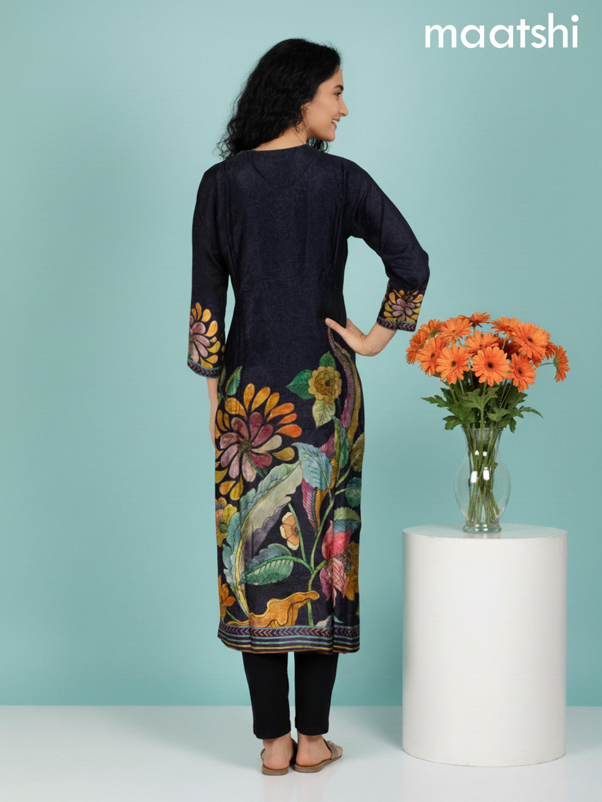 Black Dola Silk Printed Straight Suit Set
