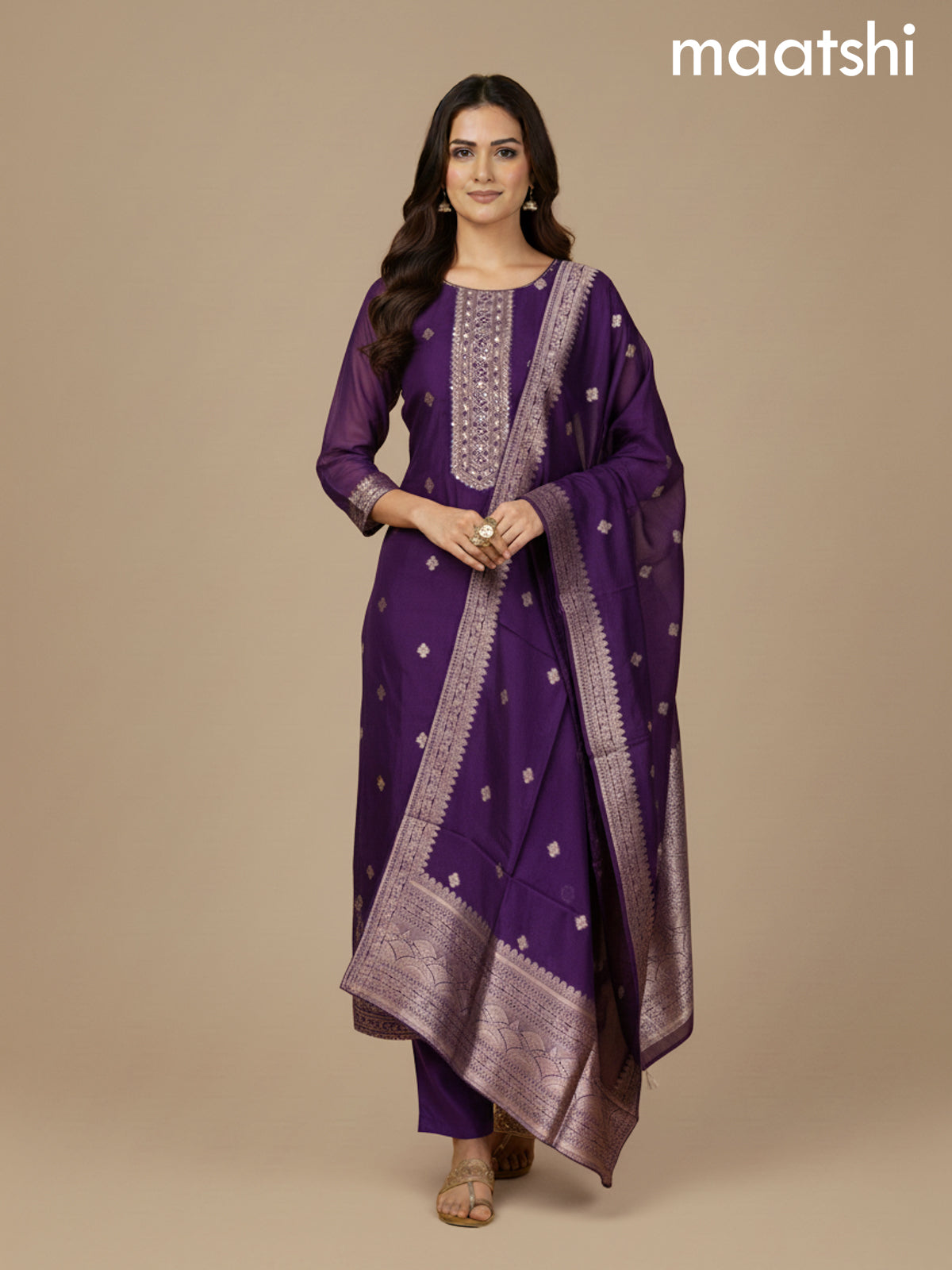 Deep Purple Chanderi Beaded Straight Suit