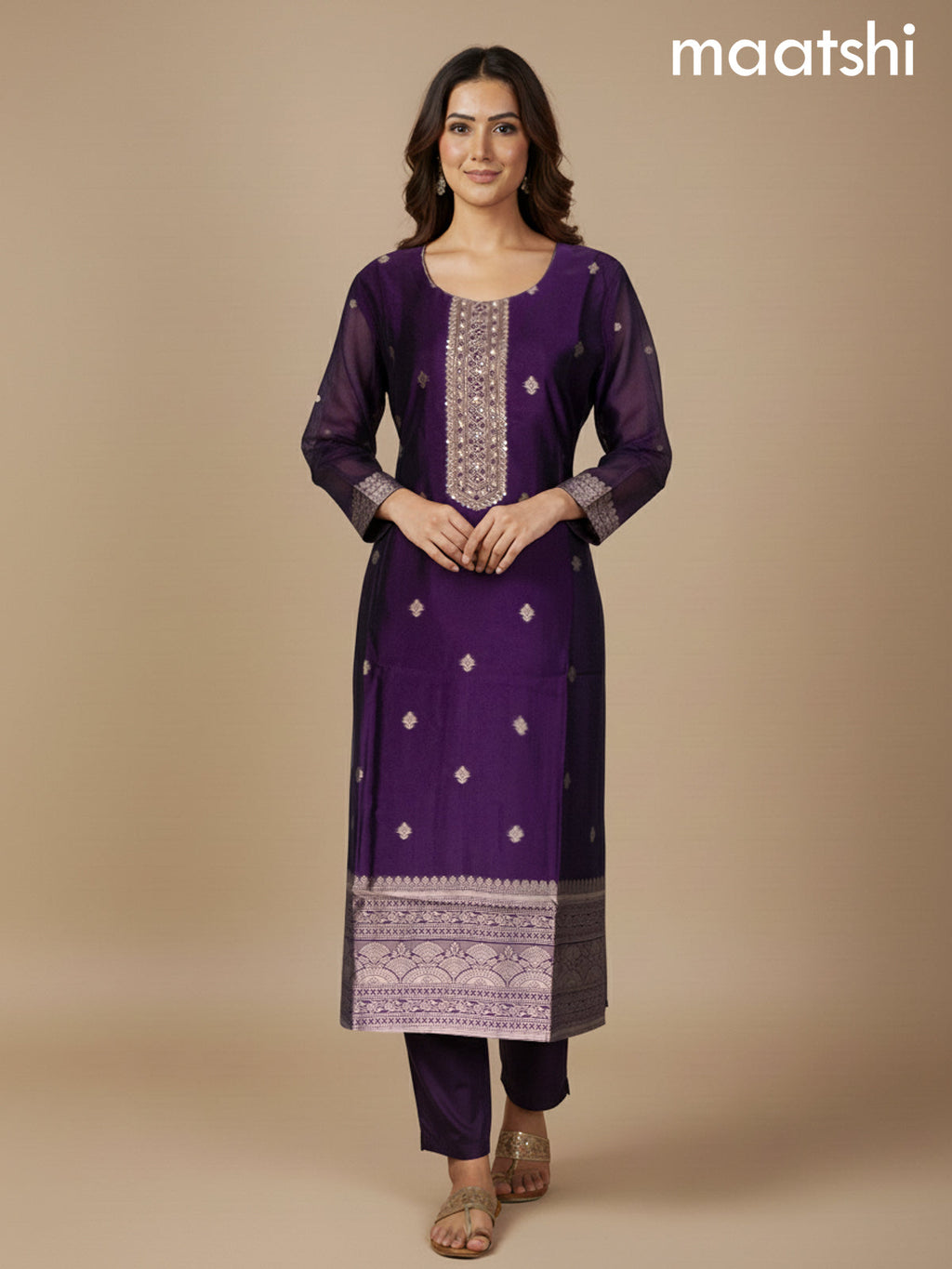 Deep Purple Chanderi Beaded Straight Suit
