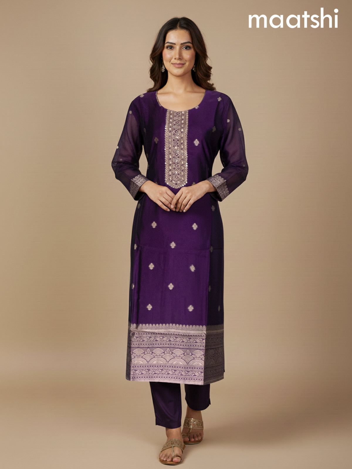 Deep Purple Chanderi Beaded Straight Suit