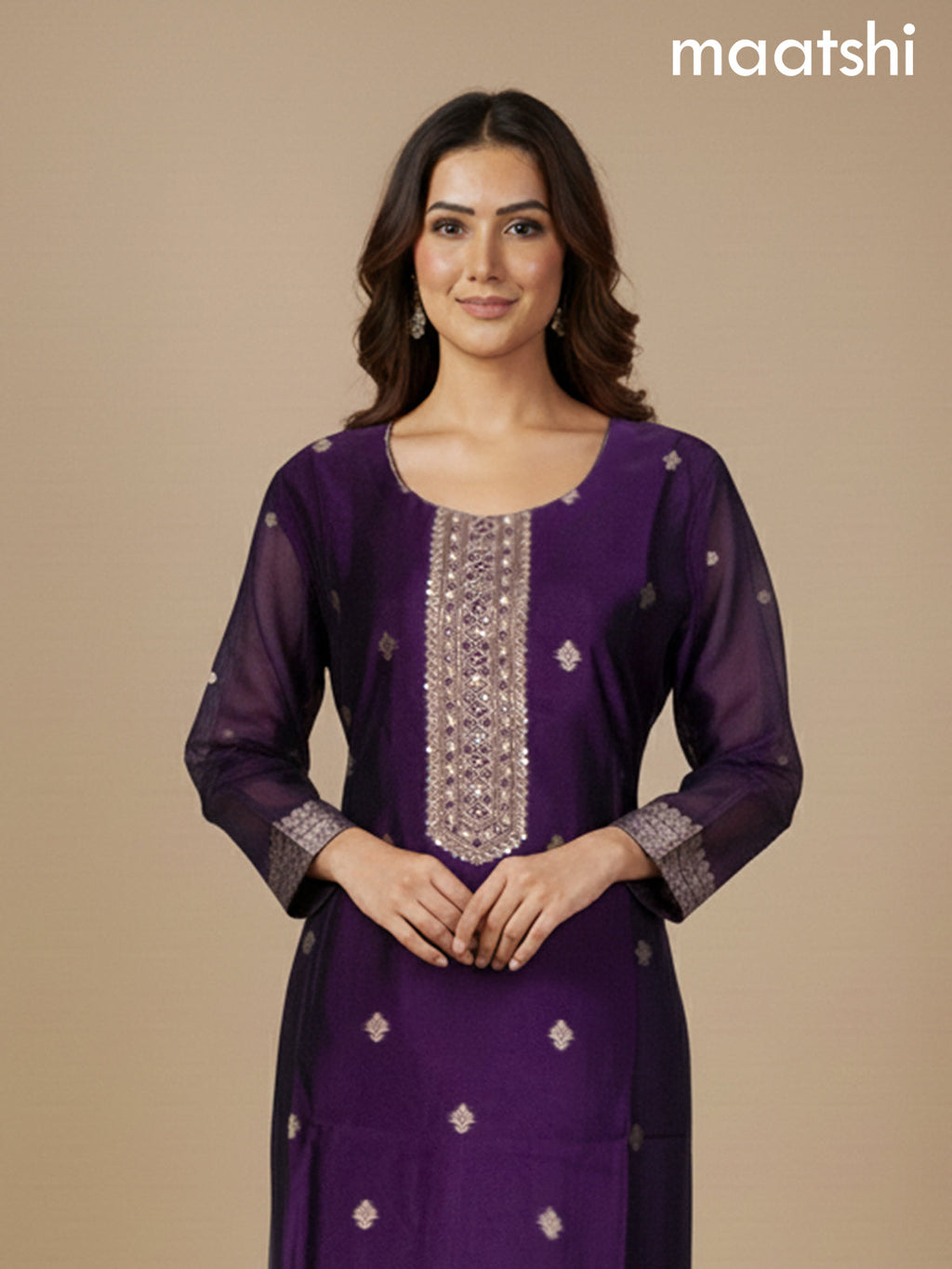 Deep Purple Chanderi Beaded Straight Suit