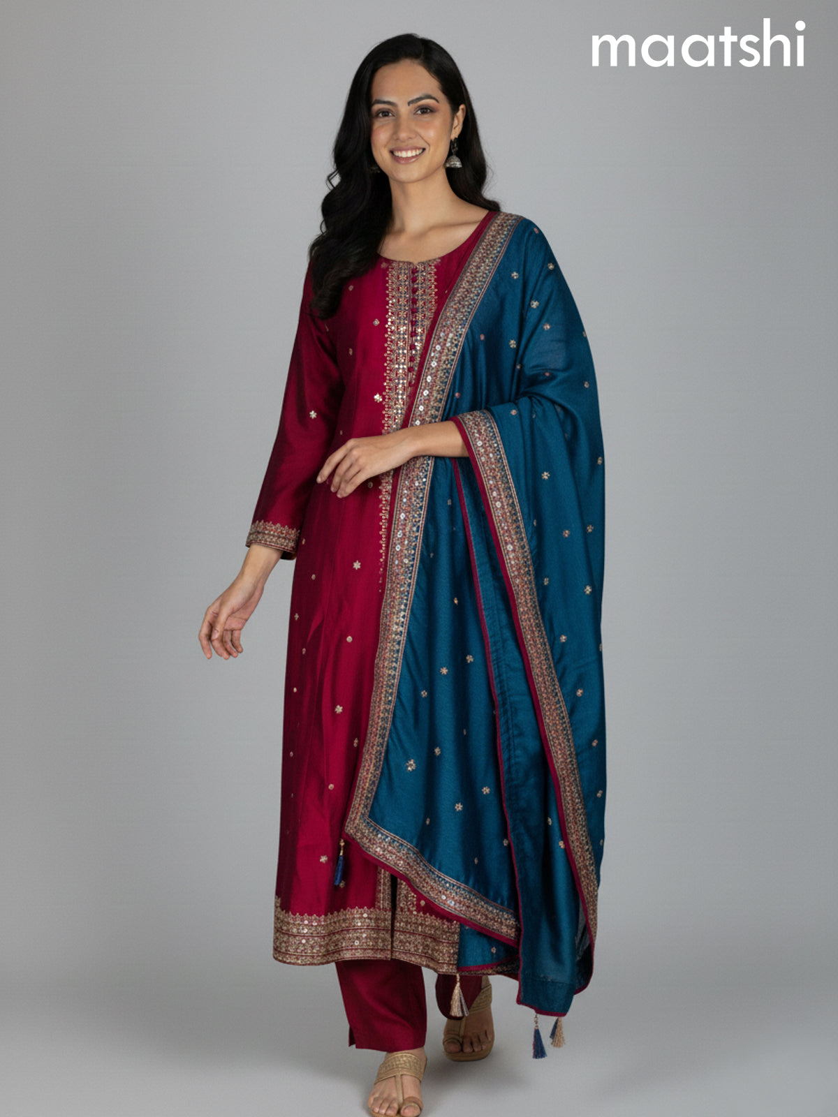 Maroon and Peacock Blue Tussar Silk Sequin Work Anarkali Suit