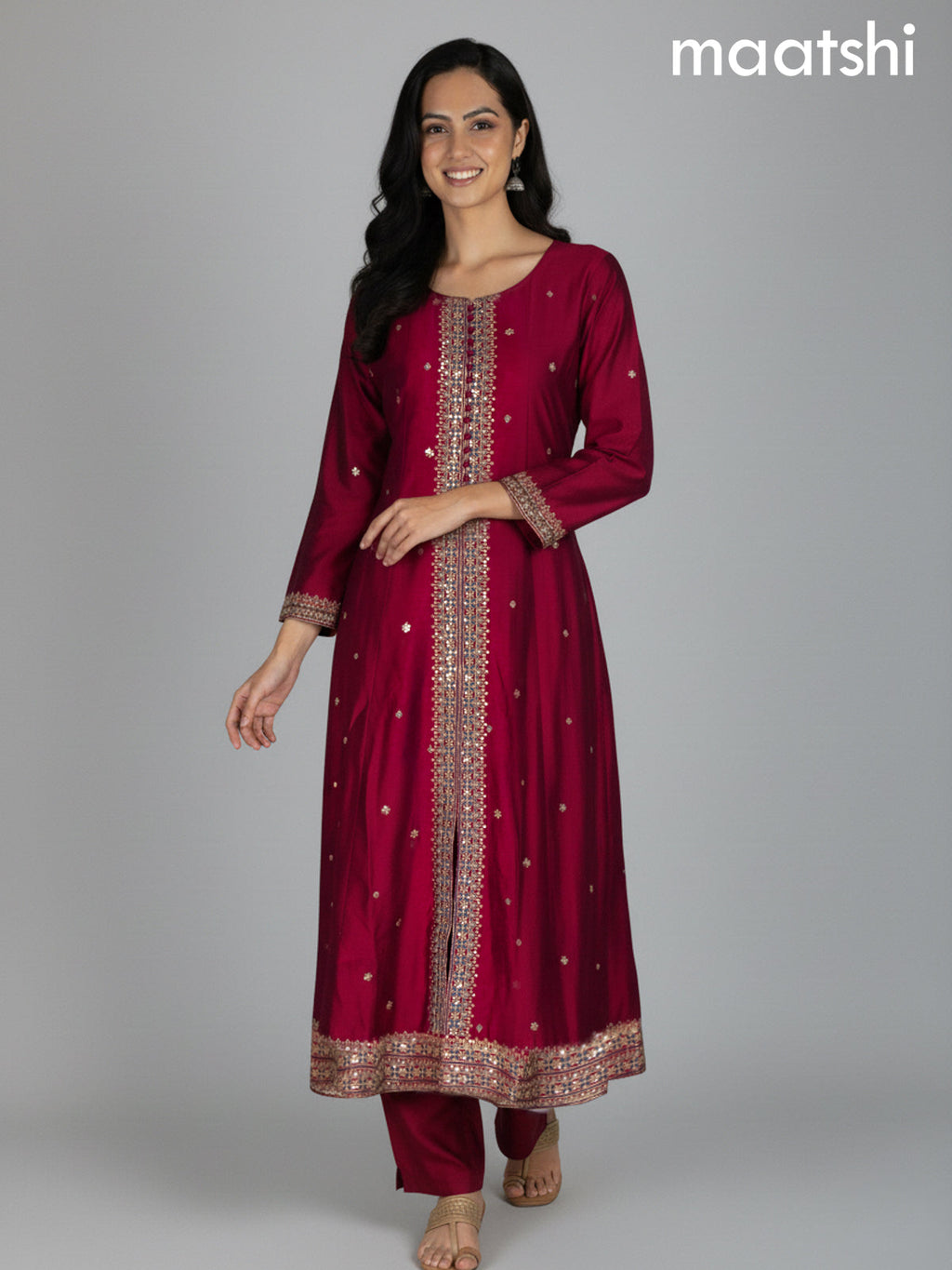 Maroon and Peacock Blue Tussar Silk Sequin Work Anarkali Suit