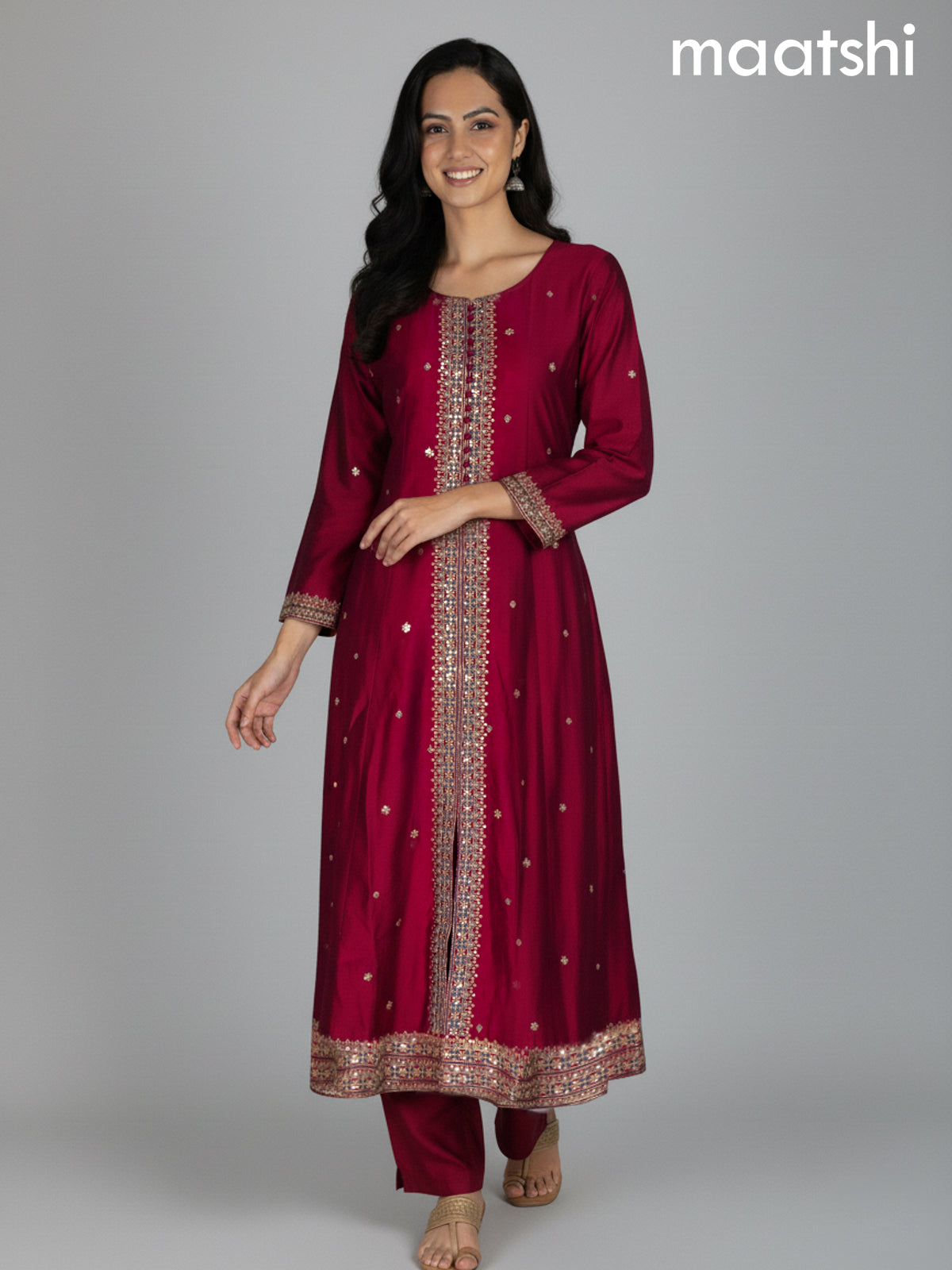 Maroon and Peacock Blue Tussar Silk Sequin Work Anarkali Suit