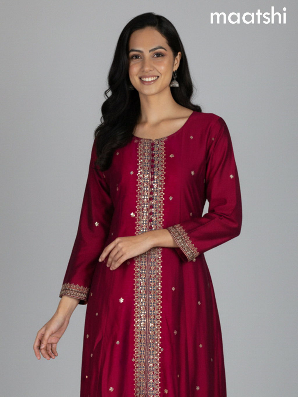 Maroon and Peacock Blue Tussar Silk Sequin Work Anarkali Suit