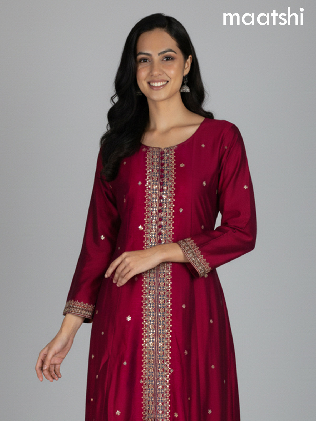 Maroon and Peacock Blue Tussar Silk Sequin Work Anarkali Suit
