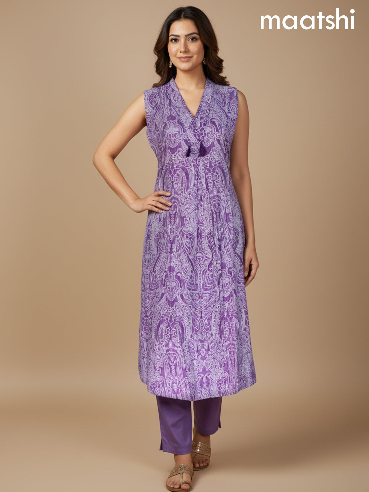 Lavender Cotton Printed A-Line Kurti Set & Sleeve Attached
