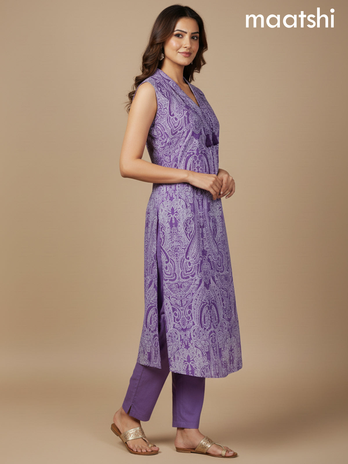 Lavender Cotton Printed A-Line Kurti Set & Sleeve Attached
