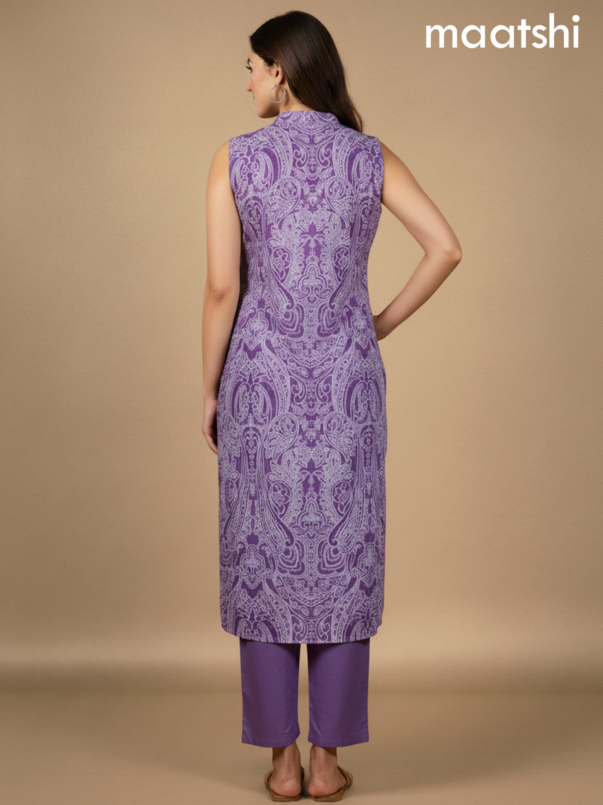 Lavender Cotton Printed A-Line Kurti Set & Sleeve Attached