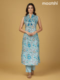 Teal Blue Cotton Printed A-Line Kurti Set & Sleeve Attached