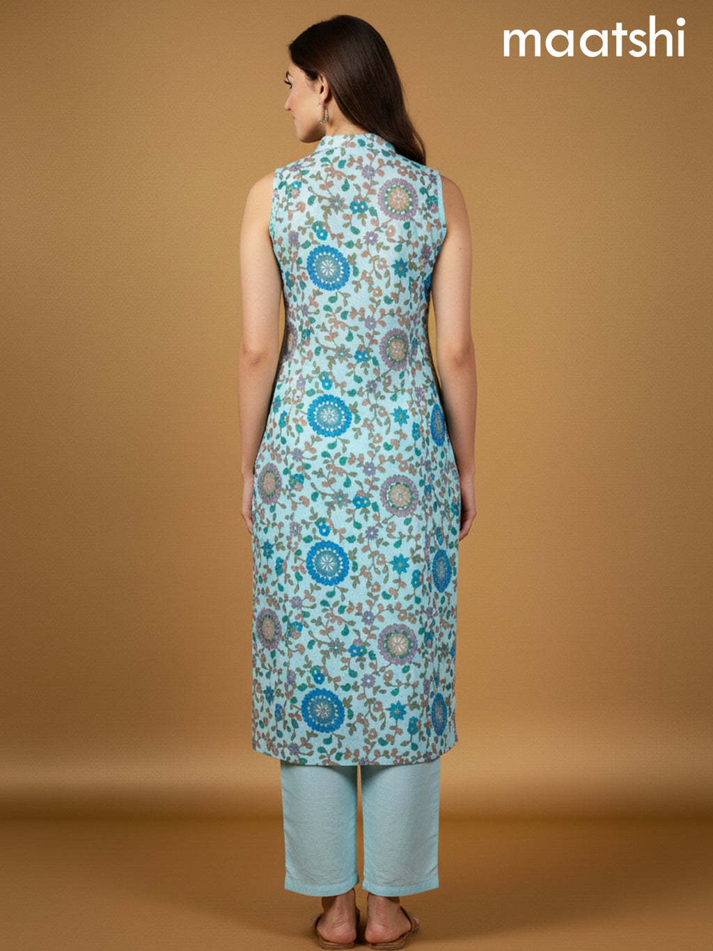 Teal Blue Cotton Printed A-Line Kurti Set & Sleeve Attached