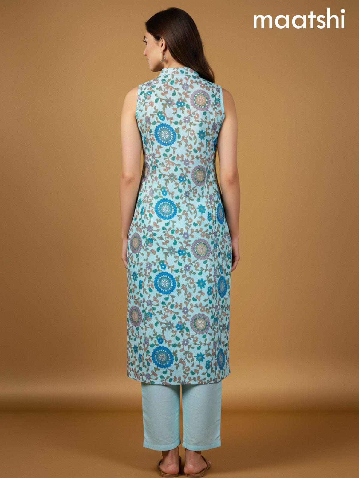 Teal Blue Cotton Printed A-Line Kurti Set & Sleeve Attached