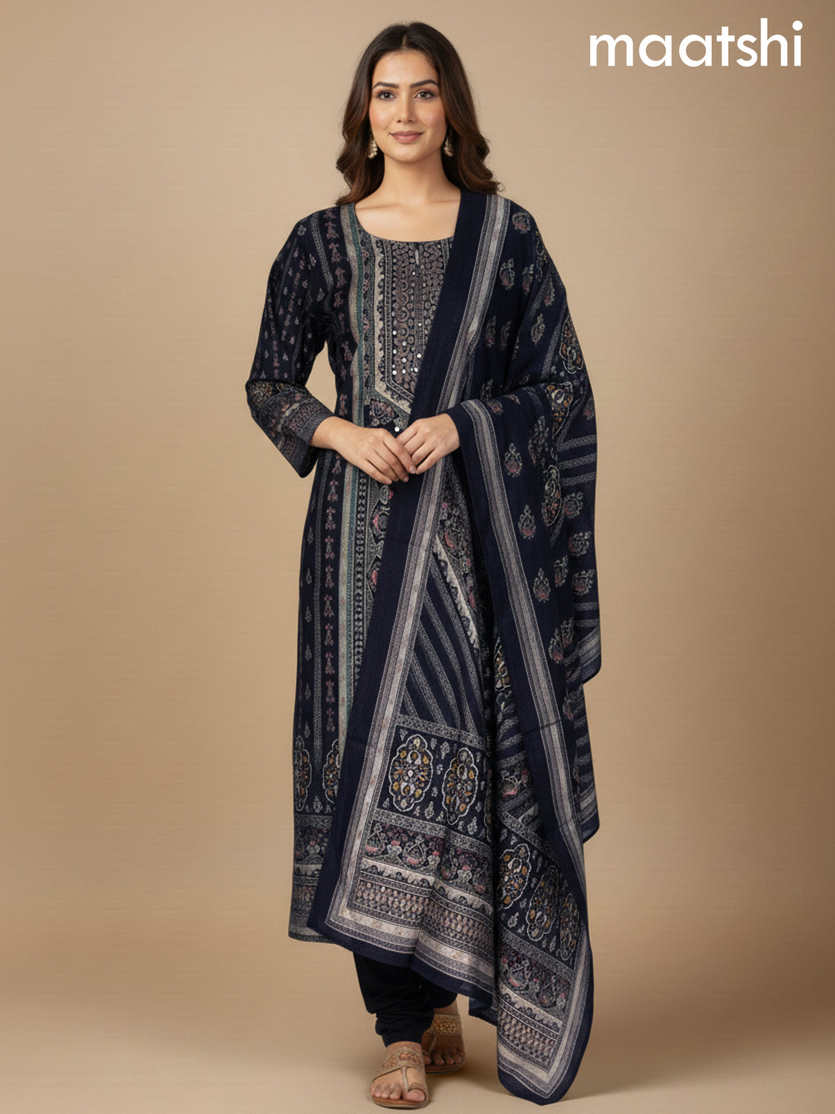 Black Chanderi Printed Straight Suit