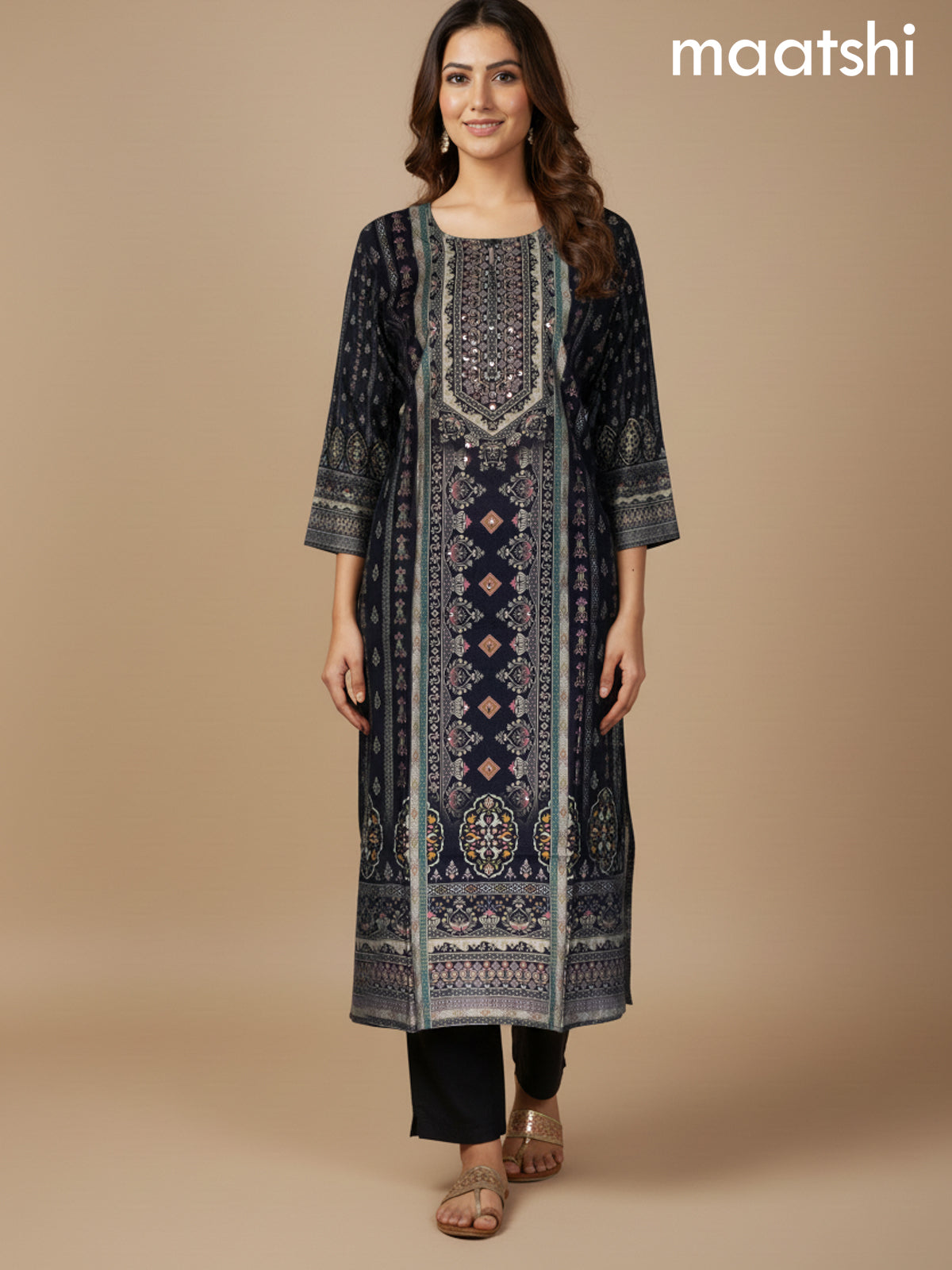 Black Chanderi Printed Straight Suit