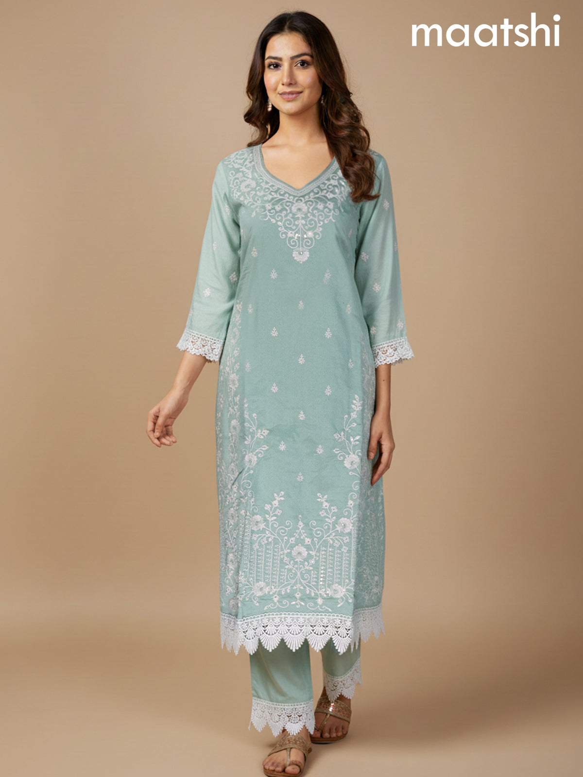 Pastel Green Chanderi Embroidery Work Straight Suit