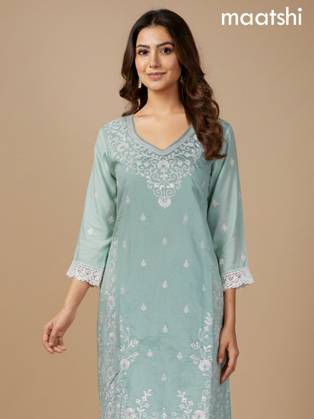 Pastel Green Chanderi Embroidery Work Straight Suit
