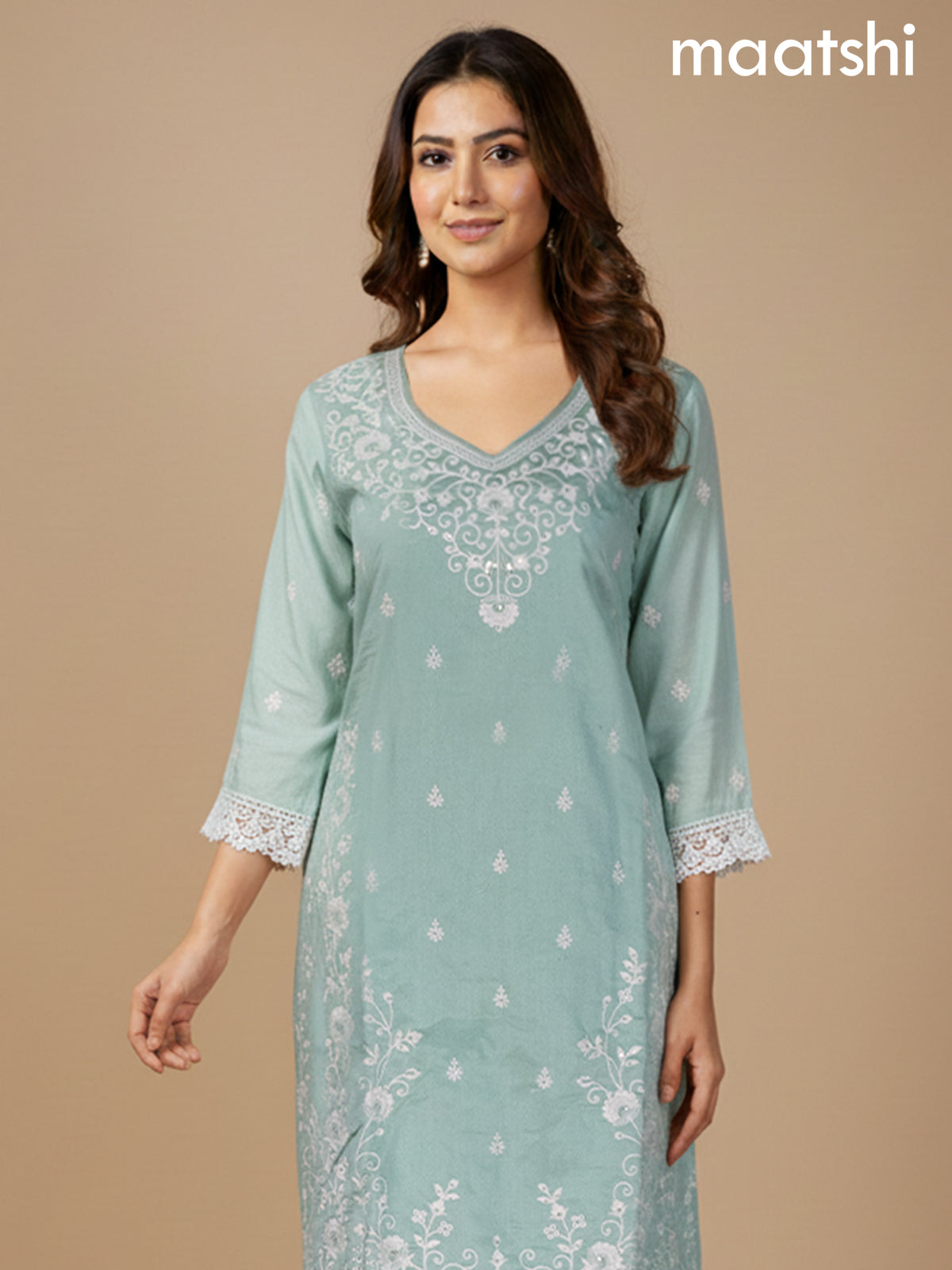 Pastel Green Chanderi Embroidery Work Straight Suit