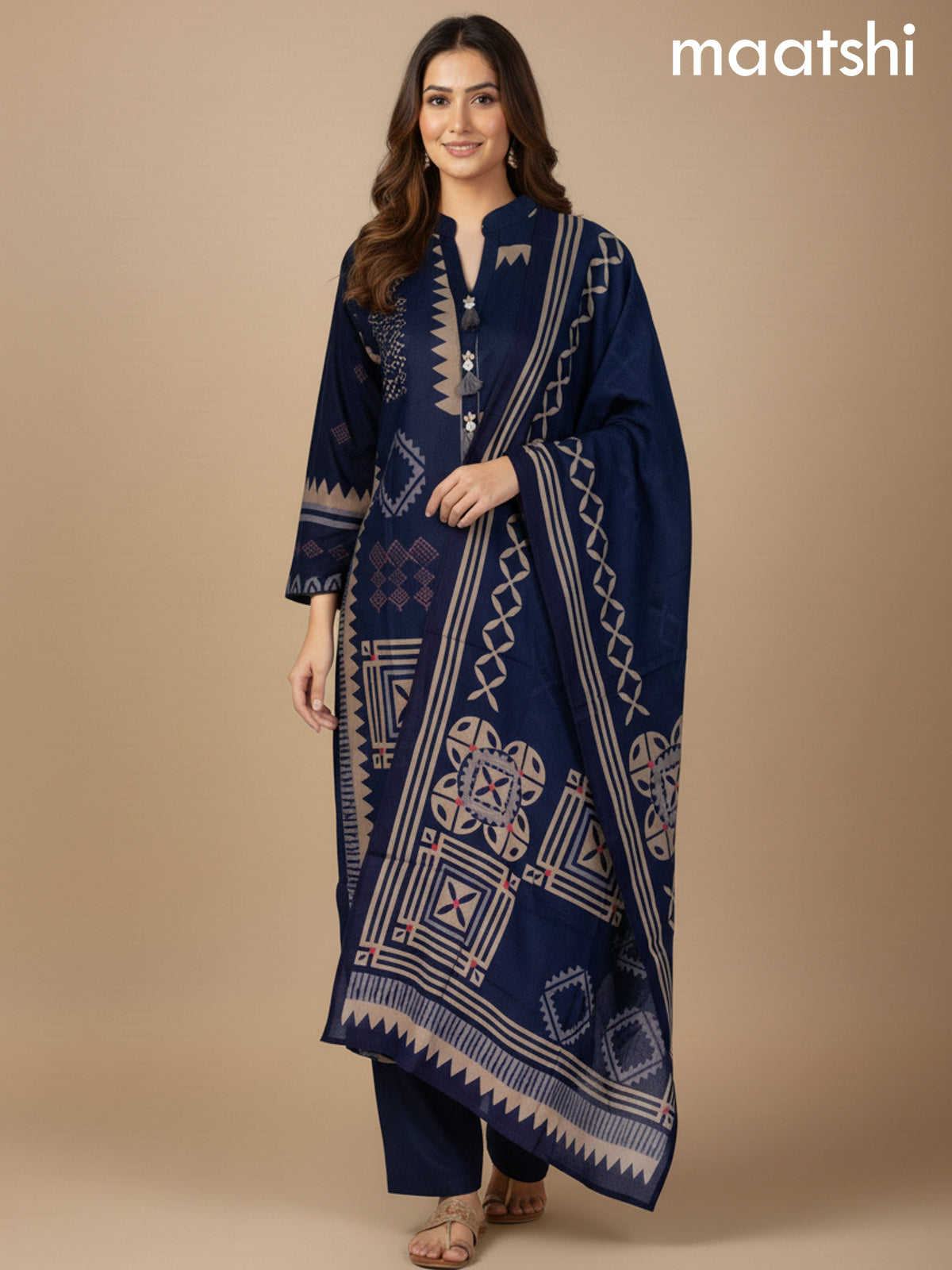 Navy Blue Cotton Printed Straight Suit