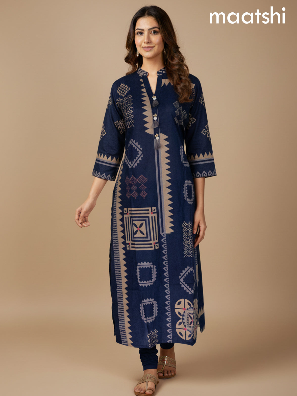 Navy Blue Cotton Printed Straight Suit