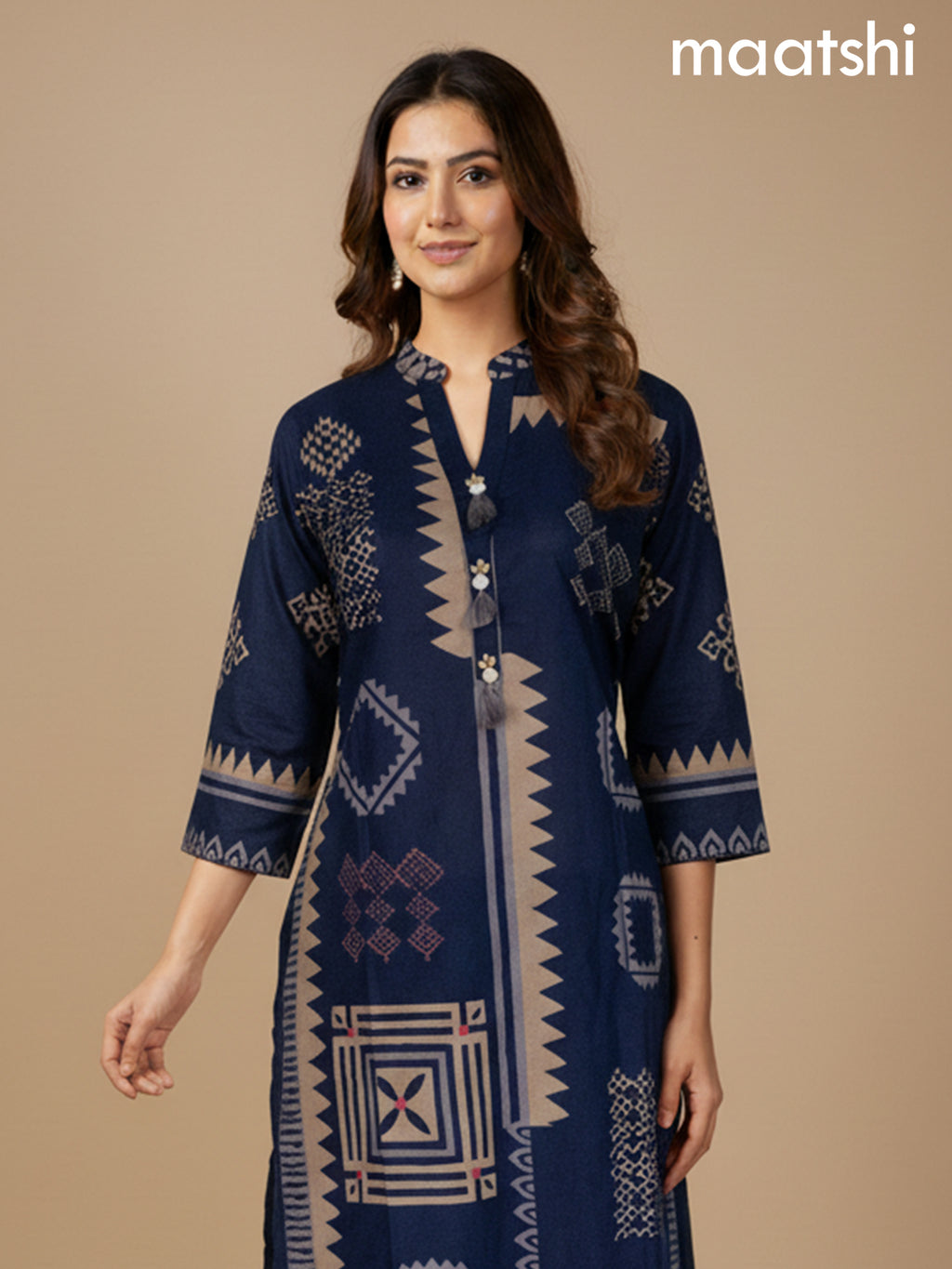 Navy Blue Cotton Printed Straight Suit