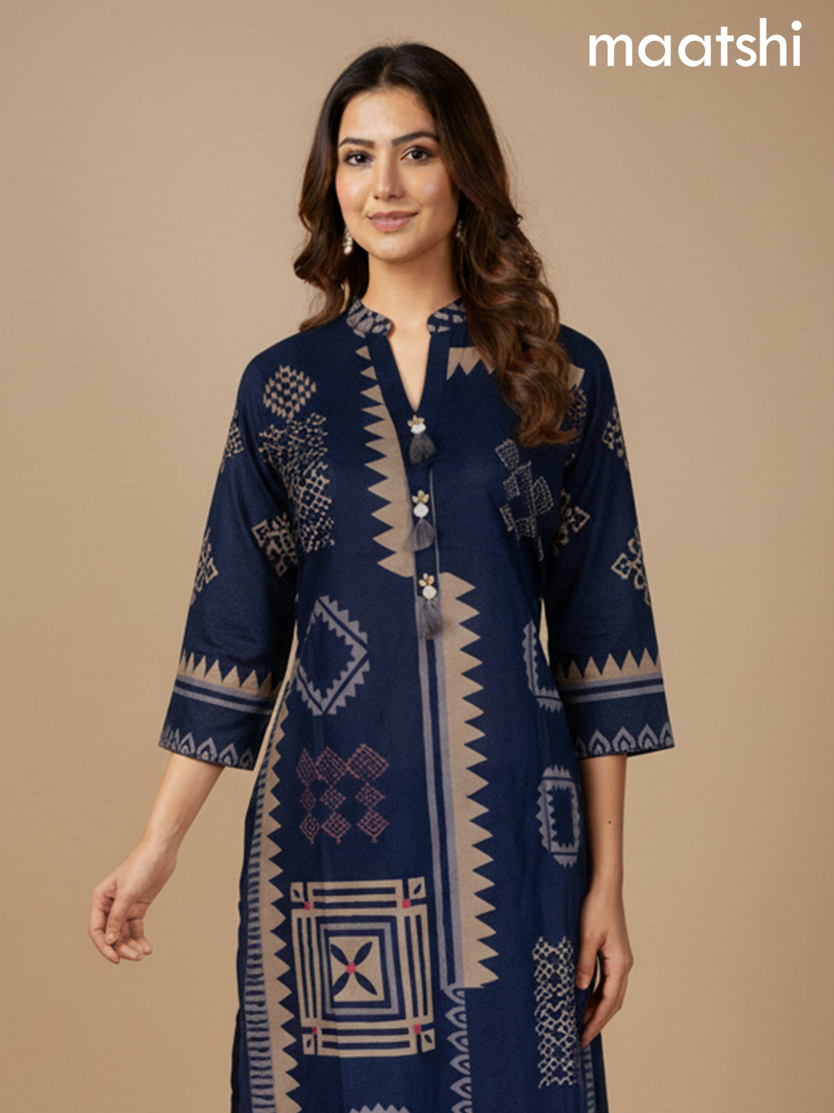 Navy Blue Cotton Printed Straight Suit