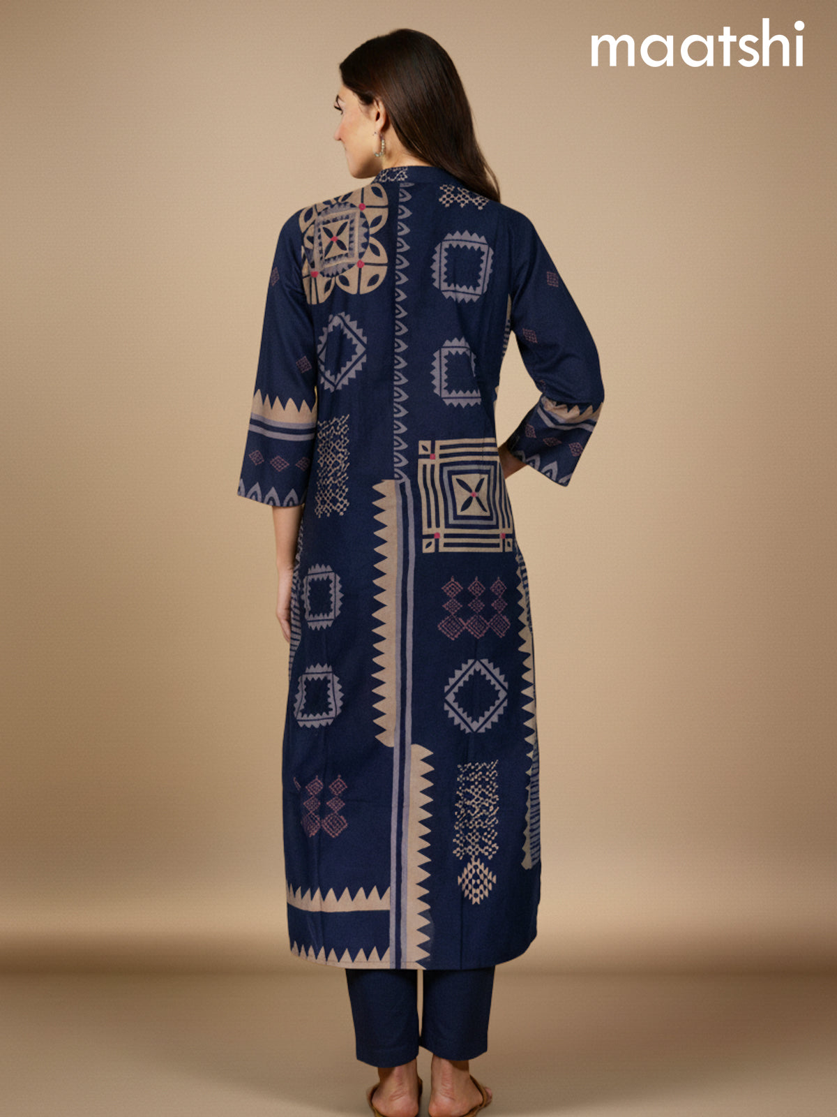 Navy Blue Cotton Printed Straight Suit